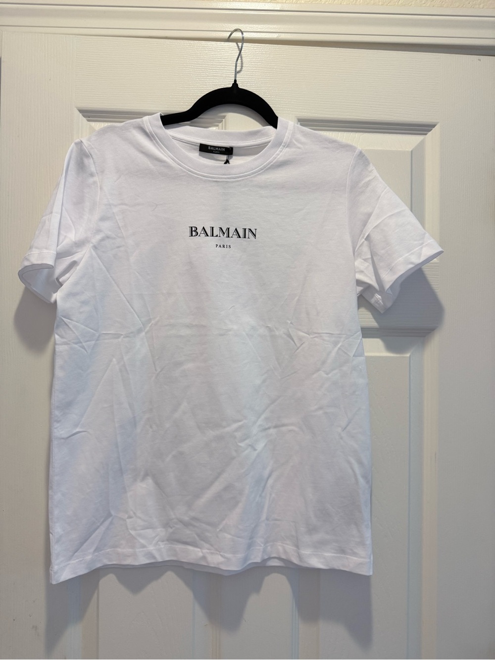 Balmain White Crewneck T-Shirt with Black Logo